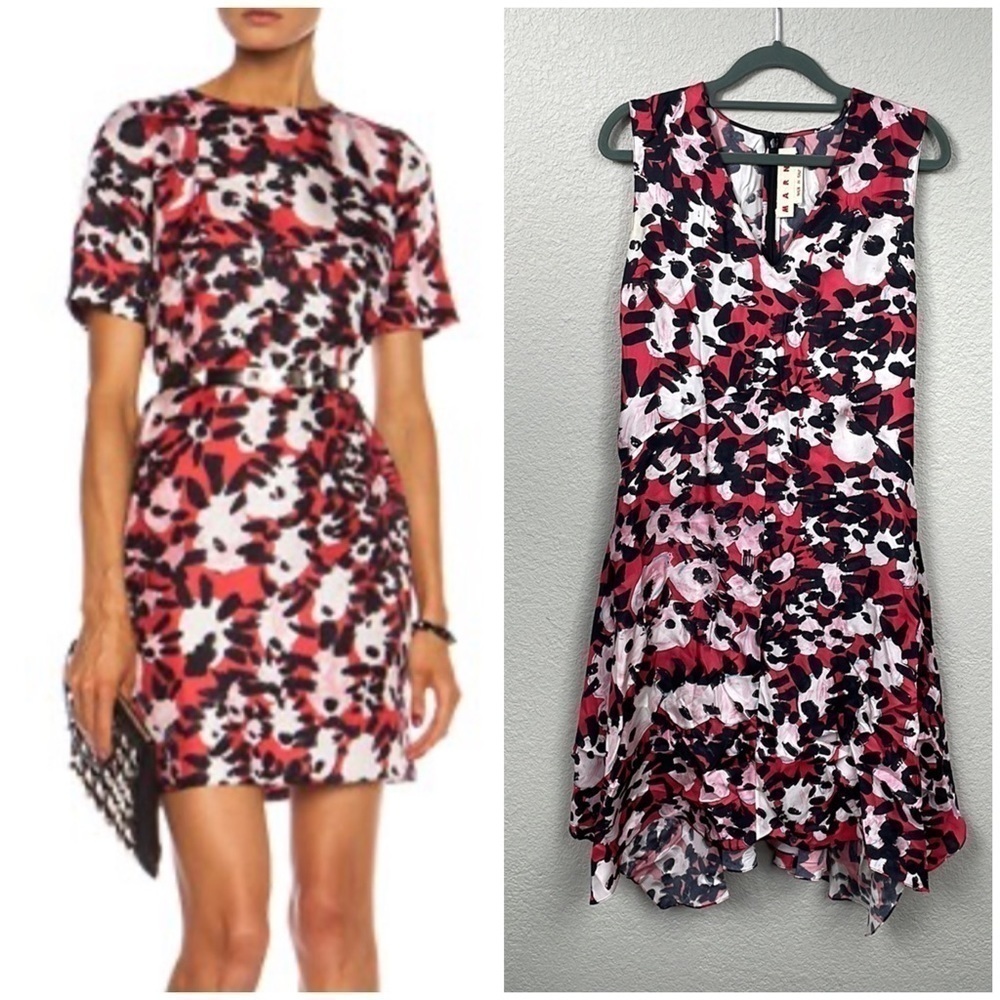 Marni Stampe Bright Pink Silk Dress in Raspberry Watercolor Floral Sz 38